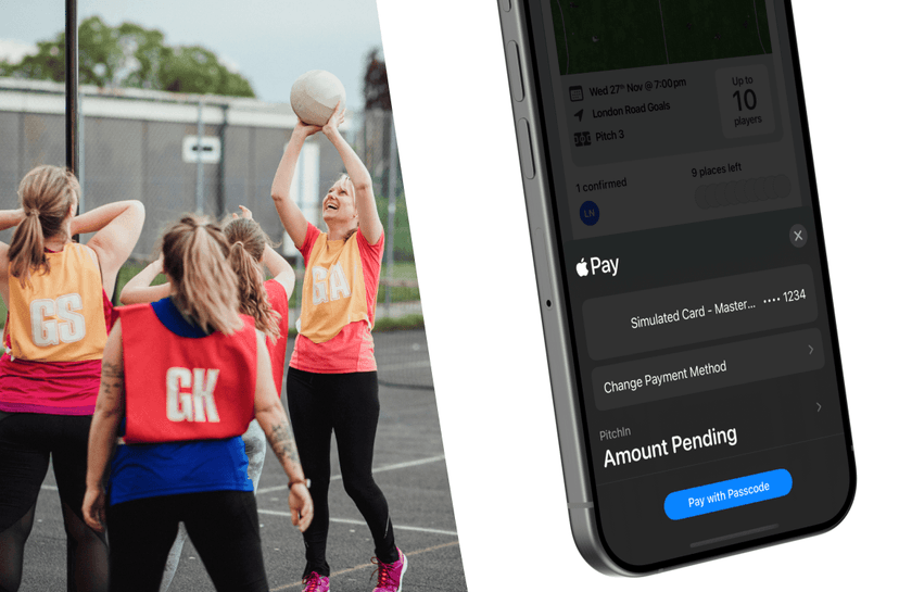 Women playing netball with an overlay of someone paying for a game with the PitchIn app