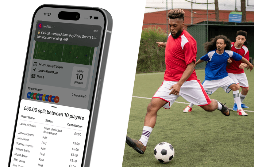 Some men playing football with an overlay of the pitchin app showing how a payment has been split